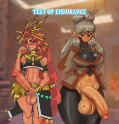 Rule 34 | 2futa, abs, aqua lips, armlet, bare shoulders, belt, blurry, blurry background, blush, breasts, censored, cleavage, clothes pull, cock ring, crop top, dark skin, embarrassed, erection, foreskin, full-package futanari, futa with futa, futanari, gerudo, green lips, grey hair, highres, huge breasts, huge testicles, indoors, jewelry, knees, large breasts, large penis, large testicles, lipstick, long hair, looking at another, looking at penis, lots of jewelry, makeup, mosaic censoring, multiple girls, multiple penises, muscular, muscular female, navel, neck ring, nintendo, pants, pants pull, paya (zelda), penis, penis size difference, phimosis, red hair, riju, sex toy, sideboob, sidelocks, standing, streachybear, testicles, the legend of zelda, the legend of zelda: breath of the wild, thick eyebrows, thick thighs, thighs, tight clothes, underboob, very long hair, wide hips, yoga pants