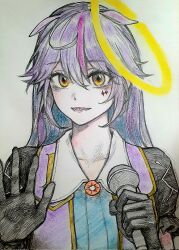 Rule 34 | 1girl, animal ears, black gloves, blue hair, eye symbol, gloves, halo, highres, holding, holding microphone, looking at viewer, m4skedboi, microphone, multicolored hair, open mouth, purple hair, scp-6777, scp foundation, traditional media, white background, yellow halo
