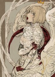 Rule 34 | 1girl, :o, absurdres, bird wings, blonde hair, blood, blood from mouth, blood on face, blood on hands, border, breasts, brown background, brown border, chimera, cowboy shot, dragon tail, dungeon meshi, falin touden, falin touden (chimera), feathered wings, floating crown, from side, hand on own arm, highres, hiranko, looking at viewer, monster girl, open mouth, outside border, short hair, signature, simple background, sketch, solo, tail, taur, wings, yellow eyes