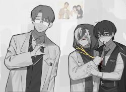 Rule 34 | 1girl, 2boys, bandage over one eye, bandages, belt, black eyes, black hair, black pants, black vest, blood, blood from mouth, blood on clothes, blood on face, blood on hands, collared shirt, dongbaek (project moon), dongrang (limbus company), giovan nnn, glasses, golden bough (limbus company), grey hair, greyscale, hood, jacket, lab coat, limbus company, monochrome, multiple boys, necktie, open clothes, open jacket, pants, pen, pocket, project moon, shirt, vest, white shirt, yi sang (project moon)