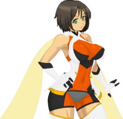 Rule 34 | 1girl, ahoge, aliasing, armor, bare shoulders, black hair, bodysuit, breasts, brown hair, cosplay, covered navel, cowboy shot, elbow gloves, gauntlets, gloves, hand on own hip, honchan, impossible bodysuit, impossible clothes, large breasts, lowres, nchallenge, nchans, pixel art, power armor, senki zesshou symphogear, short hair, simple background, solo, standing, tachibana hibiki (symphogear), tachibana hibiki (symphogear) (cosplay), thighhighs, warner, white background