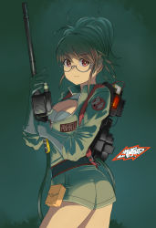 Rule 34 | 1girl, antimatter weapon, brown eyes, brown hair, directed-energy weapon, energy gun, energy weapon, ghostbusters, glasses, halloween, highres, no symbol, oinario, particle-beam weapon, particle thrower, proton pack, short hair, solo, weapon