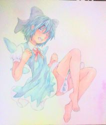 Rule 34 | 1girl, barefoot, blue eyes, blue hair, bow, cirno, clenched hands, full body, hair bow, highres, ice, ice wings, looking at viewer, matching hair/eyes, open mouth, painting (medium), pink background, puffy short sleeves, puffy sleeves, short hair, short sleeves, smile, solo, touhou, traditional media, watercolor (medium), wings, yuyu (00365676)