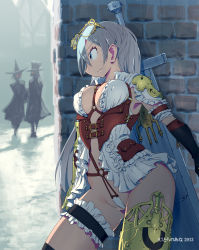Rule 34 | 10s, 1girl, 2013, against wall, bare shoulders, blue eyes, blush, breasts, broadsword, character request, cowboy shot, eyewear on head, fingerless gloves, glasses, gloves, greatsword, harem gain, hiding, highres, huge weapon, large breasts, bridal garter, long hair, mechanical arms, official art, revealing clothes, silver hair, single mechanical arm, single thighhigh, solo, sweatdrop, sword, thigh strap, thighhighs, underbust, warrior, watermark, weapon, zasha