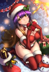 Rule 34 | 1girl, bare shoulders, bikini, blonde hair, blush, boots, box, breasts, christmas, cleavage, covered erect nipples, elbow gloves, female focus, fur boots, gift, gift box, gloves, gradient hair, hat, highres, hijiri byakuren, kezune (i- -i), large breasts, long hair, looking at viewer, multicolored hair, purple hair, red bikini, red footwear, red gloves, santa boots, santa hat, side-tie bikini bottom, smile, solo, swimsuit, thigh boots, thighhighs, touhou, yellow eyes