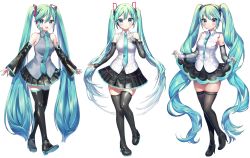 Rule 34 | 1girl, :d, absurdly long hair, bare shoulders, black footwear, black skirt, black sleeves, black thighhighs, blue eyes, blush, boots, breasts, closed mouth, collared shirt, commentary request, detached sleeves, green hair, green nails, grey shirt, hair between eyes, hatsune miku, hatsune miku (nt), hatsune miku (vocaloid4), headset, high heel boots, high heels, highres, kirisaki shuusei, long hair, long sleeves, looking at viewer, medium breasts, multiple views, nail polish, open mouth, pleated skirt, see-through, shirt, signature, simple background, skindentation, skirt, sleeveless, sleeveless shirt, sleeves past wrists, small breasts, smile, thigh boots, thighhighs, twintails, very long hair, vocaloid, white background, white shirt, wide sleeves