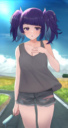 Rule 34 | 1girl, :o, absurdres, asymmetrical bangs, blue sky, blunt bangs, breasts, cleavage, cloud, collarbone, cowboy shot, crack, diagonal bangs, earrings, glint, grass, grey tank top, highres, holding food, holding ice cream, ice cream, ice cream bar, idolmaster, idolmaster shiny colors, jewelry, looking at viewer, messy hair, outdoors, purple eyes, purple hair, road, shorts, sky, solo, tanaka mamimi, tank top, thighs, torn clothes, torn shorts, twintails, yui081