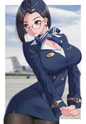 Rule 34 | 1girl, blue eyes, breasts, flight attendant, glasses, hat, himeliofon, leggings, looking away, looking to the side, mole, mole on breast, name tag, pantyhose, ribbon, short hair, tagme, travel attendant, uniform