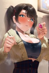 Rule 34 | 1girl, against wall, aqua eyes, blush, breasts, brown hair, cleavage, collarbone, condom, dress, frikulu, frilled dress, frills, heart, heart-shaped pupils, high-waist skirt, highres, hololive, indoors, large breasts, long hair, long sleeves, looking at viewer, oozora subaru, oozora subaru (casual), open clothes, open mouth, portrait (object), skirt, solo, sports bra, subaru duck, sweat, swept bangs, symbol-shaped pupils, twintails, twitter username, virtual youtuber