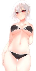 Rule 34 | 1girl, bikini, black bikini, blush, breasts, collarbone, commentary request, cowboy shot, from below, gluteal fold, hair between eyes, highres, large breasts, navel, open mouth, original, otokuyou, red eyes, short hair, simple background, skindentation, solo, standing, stomach, swimsuit, thigh gap, white background, white hair