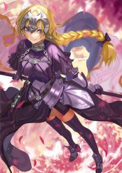 Rule 34 | 1girl, ahoge, armor, black bow, black thighhighs, blonde hair, blue eyes, blurry, blurry background, bow, braid, breasts, bug, butterfly, capelet, chain, dress, fate/apocrypha, fate (series), faulds, flag, floating hair, from above, gauntlets, glowing butterfly, hair bow, headphones, holding, insect, jeanne d&#039;arc (fate), jeanne d&#039;arc (ruler) (fate), legs apart, long hair, looking at viewer, medium breasts, mingou91, motion blur, petals, pole, reflection, ripples, single braid, solo, standing, standing on liquid, thighhighs, very long hair, water, weapon, wind
