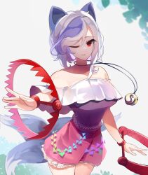 Rule 34 | 1girl, animal ears, bear trap, dog ears, dog girl, dog tail, extra tails, bear trap, frilled skirt, frills, grey hair, highres, jewelry, kaliningradg, mitsugashira enoko, multicolored hair, multiple tails, off-shoulder shirt, off shoulder, open mouth, pink skirt, purple hair, purple shirt, rainbow print, red eyes, shirt, short hair, simple background, skirt, smile, solo, tail, touhou, two-tone hair, unfinished dream of all living ghost, white hair