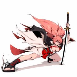 Rule 34 | 1girl, amputee, arm guards, baiken, bare legs, breasts, cleavage, eyepatch, facial mark, fighting stance, guilty gear, guilty gear strive, highres, holding, holding weapon, japanese clothes, katana, kimono, kneeling, large breasts, open clothes, open kimono, pink hair, poliwiloq, ponytail, red eyes, samurai, sandals, sash, scar, scar across eye, scar on face, simple background, solo, sword, weapon, white background