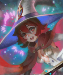 Rule 34 | 10s, 1girl, aged down, blush, breasts, cape, cleavage, hat, little witch academia, open mouth, red eyes, red hair, shiny chariot, shiny rod (little witch academia), short hair, smile, solo, visqi, witch, witch hat