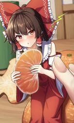 Rule 34 | 1girl, absurdres, blurry, blurry background, bow, brown hair, commentary, detached sleeves, food, fruit, hair bow, hakurei reimu, highres, holding, holding food, holding fruit, looking at viewer, medium hair, mini person, minigirl, open mouth, orange (fruit), red bow, red eyes, red shirt, red skirt, shirt, sidelocks, sitting, skirt, solo, touhou, v-shaped eyebrows, yosshy