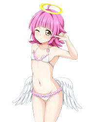 Rule 34 | 1girl, absurdres, ahoge, angel wings, bikini, blunt bangs, blunt ends, breasts, collarbone, commentary, cowboy shot, expressionless, frilled bikini, frills, groin, halo, hand up, highres, index finger raised, kinnikku, light blush, looking at viewer, love live!, love live! nijigasaki high school idol club, low wings, navel, one eye closed, pink hair, short hair, small breasts, solo, stomach, swimsuit, tennoji rina, thighs, white background, white bikini, wings, yellow eyes