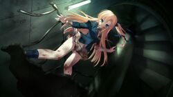 Rule 34 | 1girl, blonde hair, blood, blood on clothes, blood on face, blue eyes, blue ribbon, blue shirt, game cg, highres, injury, long hair, non-web source, official art, pleated skirt, ribbon, root double -before crime after days-, rubble, sannomiya louise yui, shirt, skirt, socks