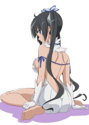 Rule 34 | 10s, 1girl, ass, bare back, barefoot, black hair, blue eyes, breasts, dbmaster, dungeon ni deai wo motomeru no wa machigatteiru darou ka, feet, full body, gloves, hair ribbon, hestia (danmachi), highres, large breasts, long hair, looking at viewer, rei no himo, ribbon, sideboob, simple background, sitting, smile, soles, solo, toes, twintails, wariza, white background, white gloves