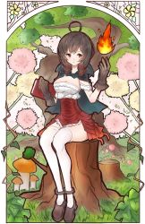 Rule 34 | 1girl, book, breasts, brown gloves, brown hair, buttons, cleavage, cloak, dandelion, fire, flower, frills, gloves, grass, grimoire, hand up, highres, large breasts, mushroom, nora (salatto), orange eyes, plant, red skirt, ribbon, shoes, sitting, skirt, solo, thighhighs, tree, tree of savior, white thighhighs, wizard (tree of savior)