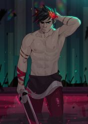 Rule 34 | 1boy, abs, absurdres, alternate body hair, arm behind head, armlet, armpit hair, bara, black eyes, black hair, black sclera, blood, chest hair, closed mouth, collarbone, colored sclera, grimace, hades (series), hades 1, highres, holding, holding sword, holding weapon, laurel crown, male focus, mature male, nipples, pectorals, pool of blood, red eyes, short hair, solo, sparse chest hair, sword, thedamnthinguy, topless male, wading, weapon, zagreus (hades)