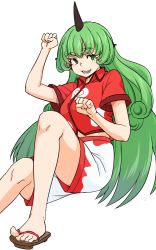 Rule 34 | 1girl, clenched hands, collared shirt, curly hair, geta, green eyes, green hair, heart, highres, horns, kakone, kariyushi shirt, komano aunn, long hair, looking at viewer, one-hour drawing challenge, open mouth, paw pose, red shirt, shirt, short sleeves, shorts, simple background, single horn, smile, solo, touhou, white background, white shorts
