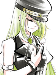 Rule 34 | 1girl, alina gray, black hat, black vest, blonde hair, brooch, closed eyes, closed mouth, fur cuffs, green hair, hair over one eye, hand on own chest, hat, highres, jewelry, long hair, magia record: mahou shoujo madoka magica gaiden, magical girl, mahou shoujo madoka magica, peaked cap, puffy short sleeves, puffy sleeves, satom, short sleeves, simple background, smile, solo, upper body, vest, white background