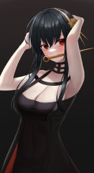 Rule 34 | 1girl, armpits, bad id, bad pixiv id, black background, black dress, black hair, breasts, cleavage, dress, hair between eyes, hair ornament, hairband, hands in hair, highres, knife, large breasts, long hair, red eyes, solo, spy, spy x family, two-sided dress, two-sided fabric, weapon, ximya, yor briar