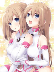 Rule 34 | 2girls, :d, alternate breast size, arm under breasts, bare shoulders, between breasts, blue eyes, blush, boots, breast rest, breasts, brown hair, commentary request, elbow gloves, gloves, hair between eyes, happy, holding hands, hug, hug from behind, iwashi dorobou -r-, leotard, long hair, looking at viewer, medium breasts, medium hair, multiple girls, neptune (series), open mouth, ram (neptunia), rom (neptunia), siblings, sisters, skin tight, skindentation, smile, thigh boots, thighhighs, twins, very long hair, white gloves, white leotard, white sister ram, white sister rom