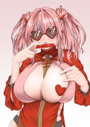 Rule 34 | 1girl, alternate costume, azur lane, between breasts, breasts, bremerton (azur lane), center opening, china dress, chinese clothes, chinese new year, cleavage, clothing cutout, dress, gradient background, grey hair, hair between eyes, hair ornament, haru (hr works), heart, heart-shaped eyewear, heart hair ornament, heart pasties, highres, holding, huge breasts, long hair, one breast out, pasties, pink background, pink eyes, pink hair, red-framed eyewear, side cutout, skindentation, solo, sunglasses, tongue, tongue out, twintails, upper body