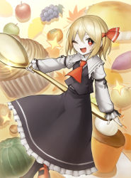 Rule 34 | + +, ;d, apple, black skirt, black vest, blonde hair, commentary request, dutch angle, food, food background, foot out of frame, frilled shirt collar, frilled skirt, frills, fruit, glint, grapes, hair between eyes, hair ribbon, highres, holding, holding spoon, juliet sleeves, long sleeves, medium hair, one eye closed, open mouth, pastry, puffy sleeves, red eyes, red footwear, red neckwear, red ribbon, ribbon, rumia, shirt, skirt, smile, solo, spark621, spoon, touhou, v-shaped eyebrows, vegetable, vest, white shirt
