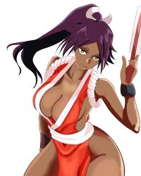 Rule 34 | 1girl, bleach, breasts, cleavage, cosplay, dark-skinned female, dark skin, fatal fury, female focus, hand fan, highres, holding, holding fan, large breasts, long hair, looking at viewer, ponytail, purple hair, shihouin yoruichi, shiranui mai (cosplay), smile, solo, yellow eyes