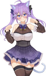 Rule 34 | 1girl, absurdres, animal ears, black thighhighs, blue eyes, blush, breasts, cat ears, cat girl, cat tail, choco tanuki, cleavage, closed mouth, detached sleeves, fang, fang out, glasses, hair ornament, hairclip, highres, large breasts, long hair, long sleeves, looking at viewer, nijisanji, nijisanji kr, nun bora, nun bora (3rd costume), purple hair, skin fang, smile, solo, tail, thighhighs, twintails, virtual youtuber