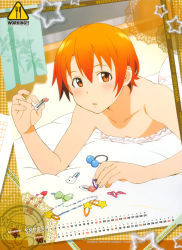 Rule 34 | 1girl, absurdres, adachi shingo, bare shoulders, bed, blush, calendar, dress, flat chest, hair ornament, hairclip, hairpin, highres, inami mahiru, lying, matching hair/eyes, official art, on stomach, open mouth, orange eyes, orange hair, scan, short hair, solo, white dress, working!!