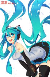 Rule 34 | 1girl, bad id, bad pixiv id, blue eyes, green hair, hatsune miku, headset, highres, long hair, n0r0, necktie, open mouth, skirt, sleeveless, solo, thighhighs, twintails, very long hair, vocaloid