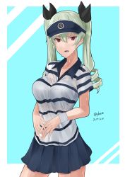 Rule 34 | 10s, 1girl, absurdres, anchovy (girls und panzer), aqua background, black ribbon, blue hat, blue shirt, blue skirt, bra, cowboy shot, dated, drill hair, emblem, girls und panzer, green hair, hat, highres, irukatto, long hair, looking at viewer, outside border, own hands together, parted lips, red eyes, ribbon, riding crop, see-through, shirt, short sleeves, skirt, solo, sportswear, striped clothes, striped shirt, sweat, tennis, twin drills, twintails, twitter username, underwear, visor cap, white shirt, wristband