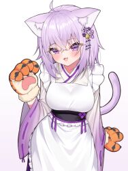 Rule 34 | 1girl, 2022, ahoge, animal ear fluff, animal ears, animal hands, apron, blush, breasts, cat ears, cat girl, cat tail, chinese zodiac, commentary, cowboy shot, crossed bangs, curvy, fang, gloves, gradient background, gradient kimono, hair between eyes, hair ornament, highres, hololive, japanese clothes, kanzashi, kimono, large breasts, looking at viewer, maid, maid apron, maru039, medium hair, nekomata okayu, nekomata okayu (new year), obi, official alternate costume, open mouth, paw gloves, purple background, purple eyes, purple hair, sash, solo, tail, tiger paws, virtual youtuber, wa maid, white apron, white kimono, year of the tiger