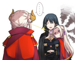 Rule 34 | 3girls, ^ ^, age difference, aged up, blonde hair, blue hair, braid, byleth (female) (fire emblem), byleth (fire emblem), cape, closed eyes, closed mouth, commentary, dual persona, edelgard von hresvelg, eye contact, fire emblem, fire emblem: three houses, hair ornament, hair ribbon, headpat, hinagi (fox priest), hug, long hair, looking at another, multiple girls, nintendo, purple eyes, red cape, ribbon, shaded face, simple background, smile, sweatdrop, time paradox, uniform, upper body, waist hug, white background, yuri