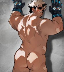 Rule 34 | 1boy, :o, against wall, akiha gongen (housamo), arms up, ass, ass focus, back, bandaid, bandaid on face, bandaid on nose, bara, black gloves, blush, completely nude, facial hair, feet out of frame, from behind, gloves, goatee, highres, horns, long sideburns, looking at viewer, looking back, male focus, multicolored hair, muscular, muscular male, nude, shy, sideburns, single horn, solo, thick eyebrows, tokyo houkago summoners, two-tone hair, undercut, variant set, white hair, younine01