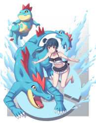 1girl absurdres bikini birthday blue_hair breasts cleavage collarbone commentary_request creatures_(company) croconaw crossover fangs feraligatr game_freak gen_2_pokemon grin highres love_live! love_live!_sunshine!! medium_breasts nintendo pink_eyes pokemon pokemon_(creature) smile swimsuit totodile tsukimi_seiya tsushima_yoshiko water yellow_eyes