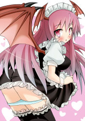 Rule 34 | 1girl, alternate costume, arched back, ass, bad anatomy, bat wings, black dress, black thighhighs, blush, clothes lift, dress, dress lift, embodiment of scarlet devil, enmaided, female focus, from behind, givuchoko, head wings, heart, highres, koakuma, long hair, looking back, maid, maid headdress, open mouth, panties, panty pull, pink eyes, pink hair, skirt, skirt lift, solo, striped clothes, striped panties, thighhighs, touhou, underwear, wings