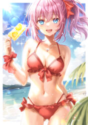 Rule 34 | 1girl, absurdres, beach, bikini, blue eyes, blue sky, cloud, cowboy shot, day, frilled bikini, frills, front-tie bikini top, front-tie top, gluteal fold, highres, horizon, ice cream bar, jewelry, kano mitsuki, lens flare, looking at viewer, necklace, ocean, open mouth, original, outdoors, ponytail, purple hair, red bikini, red ribbon, ribbon, side-tie bikini bottom, sky, smile, solo, standing, swimsuit, wrist ribbon