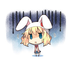 Rule 34 | 10s, 1girl, alice cartelet, animal hat, blonde hair, blue eyes, bow, bowtie, cardigan, chibi, full body, gia kon, gloom (expression), hat, kin-iro mosaic, long sleeves, motion lines, open cardigan, open clothes, open mouth, rabbit hat, red bow, red bowtie, school uniform, shadow, shoes, solid oval eyes, solo, standing, striped bow, striped bowtie, striped clothes, striped neckwear, thighhighs, twintails, white background, white thighhighs