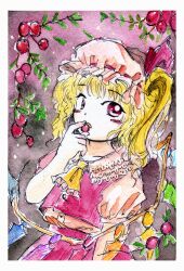 Rule 34 | 1girl, ascot, blonde hair, border, buttons, cherry, collarbone, flandre scarlet, food, frilled ascot, frills, fruit, hand up, hat, highres, holding, holding food, holding fruit, long hair, medinki, mob cap, official style, painting (medium), puffy short sleeves, puffy sleeves, red eyes, red skirt, red vest, shirt, short sleeves, side ponytail, skirt, skirt set, solo, touhou, traditional media, vest, watercolor (medium), white border, white hat, white shirt, wings, yellow ascot, zun (style)