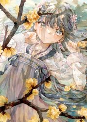 Rule 34 | 1girl, absurdres, blue hair, branch, chinese clothes, collarbone, commentary request, earrings, flower, from above, grey eyes, hair between eyes, hair flower, hair ornament, hands up, hanfu, highres, jewelry, light blush, long hair, looking at viewer, lying, on back, original, painting (medium), parted lips, shadow, traditional media, twitter username, upper body, water, watercolor (medium), yukoring