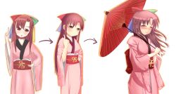 Rule 34 | 1girl, 95-tan, blush, comparison, half updo, japanese clothes, kimono, oil-paper umbrella, os-tan, toki (tokinokogiri), tokinokogiri, umbrella