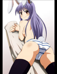 Rule 34 | 1girl, animal ears, ass, bare shoulders, black thighhighs, breasts, cameltoe, female focus, gradient background, looking back, panties, pantyshot, pillow, purple hair, rabbit ears, rabbit girl, rabbit tail, reisen udongein inaba, shin&#039;ya (nanp), sideboob, sitting, solo, striped clothes, striped panties, tail, thighhighs, touhou, underwear