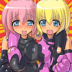 Rule 34 | 10s, 2girls, artille, asymmetrical docking, bad id, bad pixiv id, bare shoulders, blonde hair, blue eyes, grabbing another&#039;s breast, breast press, breasts, busou shinki, dd (ijigendd), doll joints, dual persona, grabbing, joints, large breasts, multiple girls, open mouth, pink eyes, short hair, smile