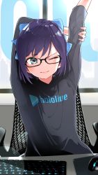 Rule 34 | 1girl, arms up, black-framed eyewear, black shirt, blue eyes, blush, bow, breasts, closed mouth, clothes writing, commentary, copyright name, desk, glasses, hair bow, highres, hololive, keyboard, long sleeves, mouse (computer), mousepad (object), one eye closed, purple hair, semi-rimless eyewear, shirt, short hair, sitting, small breasts, smile, solo, stretching, t-shirt, upper body, virtual youtuber, a-chan (hololive), yuyaiyaui