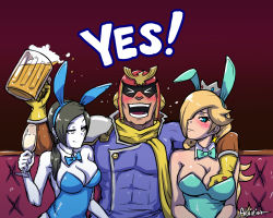 Rule 34 | &gt; &lt;, 1boy, 2girls, akairiot, alcohol, animal ears, arm around shoulder, beer, beer mug, black hair, blonde hair, blue eyes, bow, bowtie, grabbing another&#039;s breast, breasts, captain falcon, champagne flute, cleavage, colored skin, couch, crown, cup, detached collar, drinking glass, drunk, earrings, closed eyes, f-zero, fake animal ears, grabbing, grey hair, groping, hair over one eye, hair over shoulder, helmet, jewelry, large breasts, leotard, long hair, mario (series), mug, multiple girls, nintendo, pale skin, pimp, playboy bunny, rabbit ears, red background, rosalina, scarf, sitting, star (symbol), star earrings, super mario bros. 1, super mario galaxy, super smash bros., table, white skin, wii fit, wii fit trainer, wii fit trainer (female), wine glass