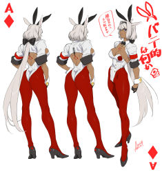 Rule 34 | 1girl, alternate costume, animal ears, ass, azusa (hws), back tattoo, black footwear, blue eyes, bow, breasts, caenis (fate), chest tattoo, cleavage, commentary request, dark-skinned female, dark skin, detached collar, diamond (shape), fake animal ears, fate/grand order, fate (series), female focus, flower, full body, hair bow, high heels, highres, leotard, long hair, looking at viewer, multiple views, pantyhose, playboy bunny, rabbit ears, rabbit tail, red pantyhose, rose, signature, speech bubble, standing, strapless, strapless leotard, tail, tattoo, translation request, very long hair, wrist cuffs